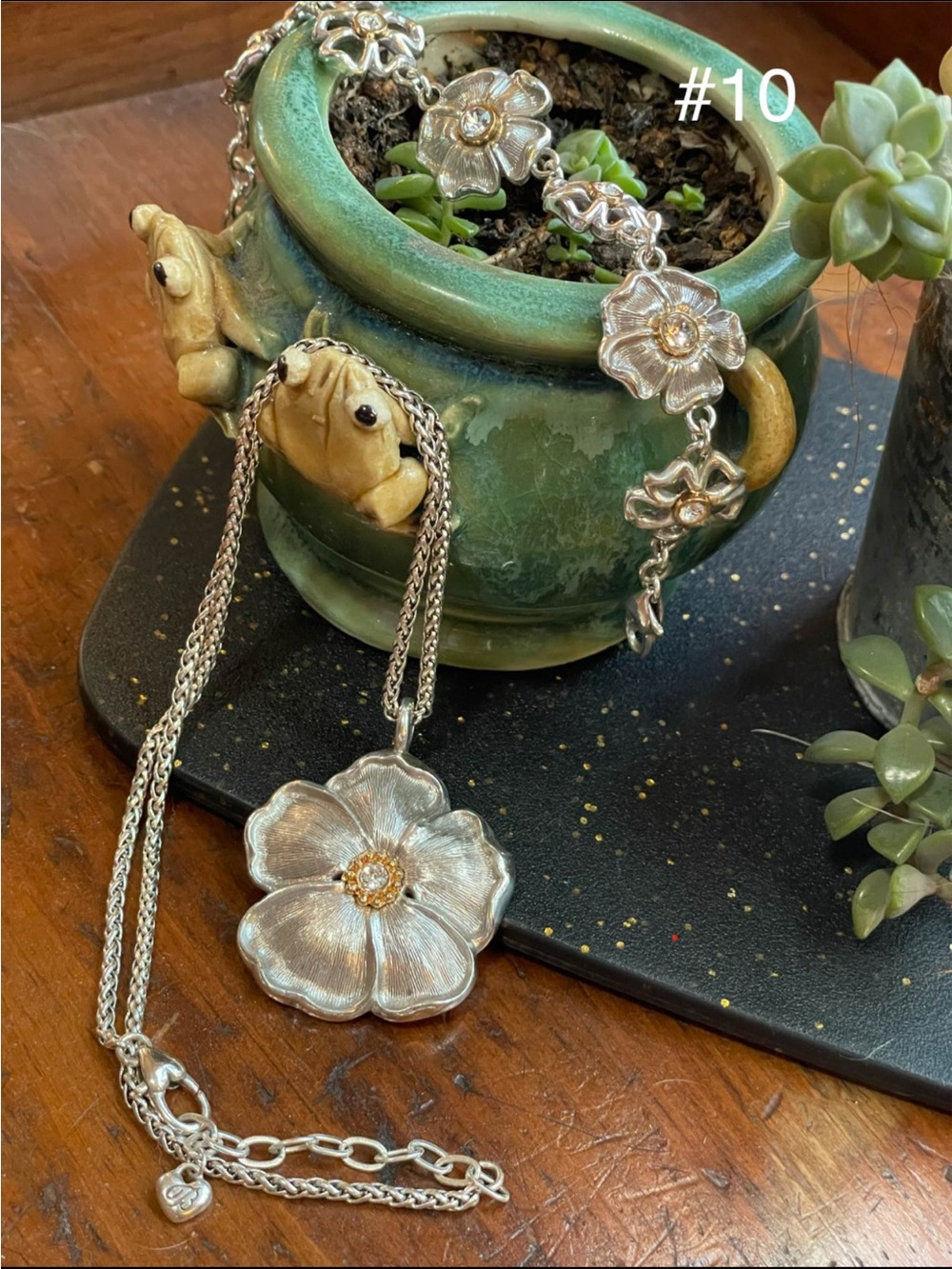 Brighton Silver Floral Pendant and Bracelet Set with Gold Centers